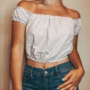 WHITE / NAVY STRIPED OFF-THE-SHOULDER TOP